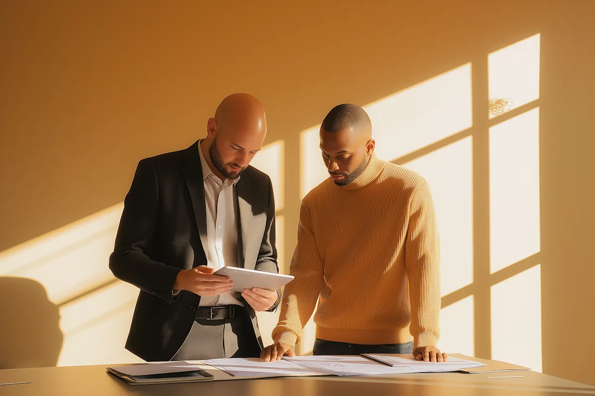 Two colleagues reviewing plans together at a sunlit table