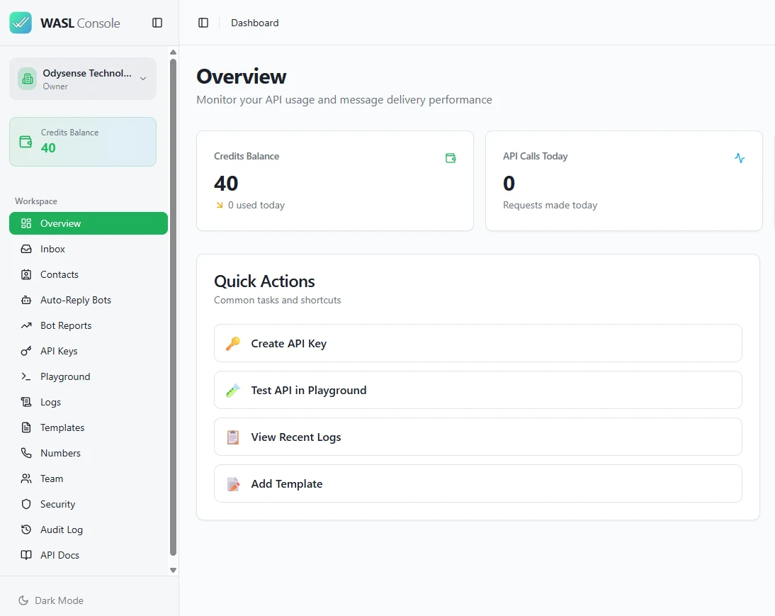 The WASL console for managing WhatsApp Business API conversations