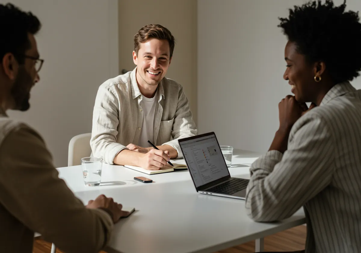 A team discussing a website project around a laptop