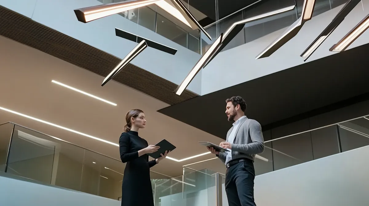 Two professionals in conversation in a modern building