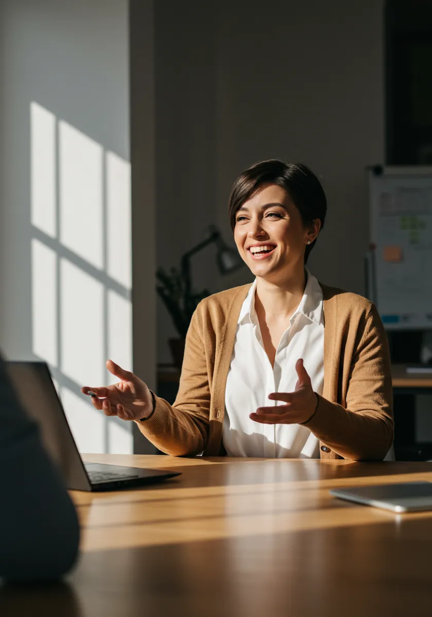 A smiling professional speaking with a client at her desk