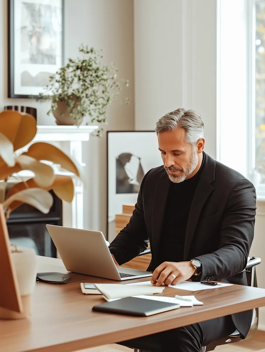 A professional working on a laptop in a bright office