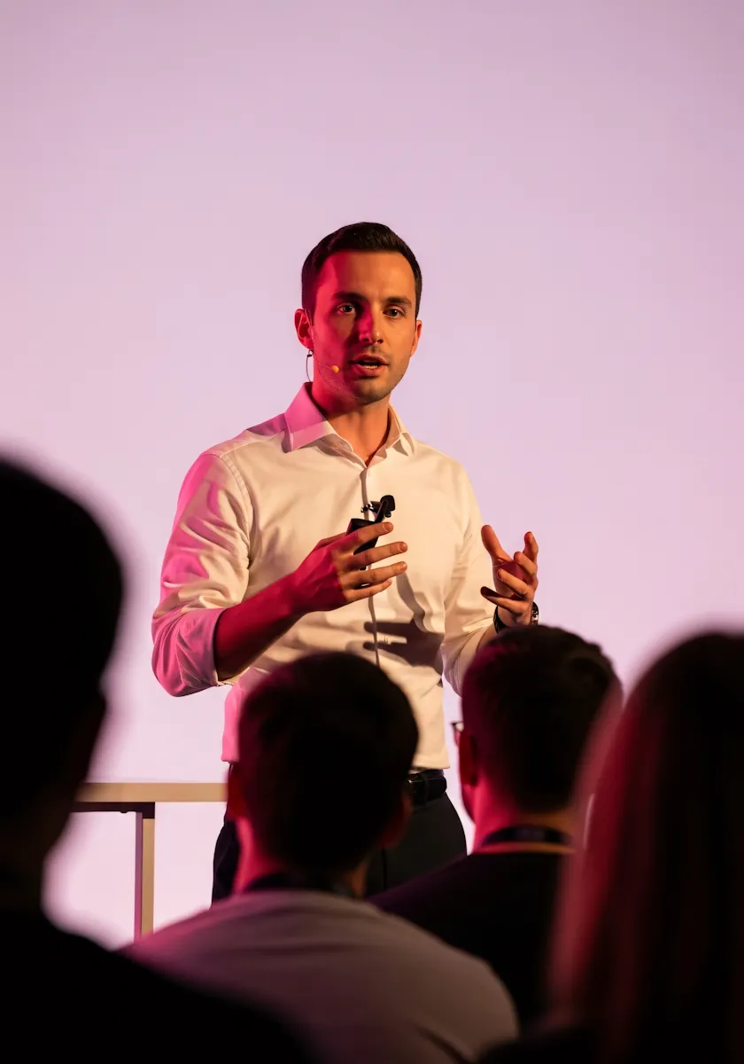 A speaker presenting on stage to an audience
